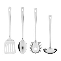 Four stainless steel kitchen utensils: spatula, spoon, skimmer, ladle, all with long handles and similar designs.