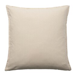 A square GURLI cushion cover in beige, made of recycled cotton. It has a plain design and a zip closure.