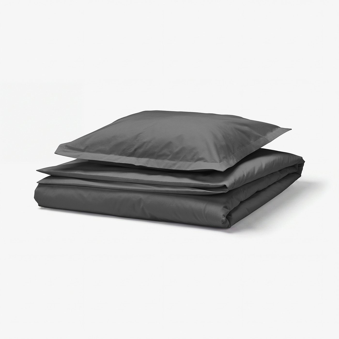 Dark grey bedding set with a duvet cover and pillowcases made of 100% cotton. Square shape with neatly folded corners; crisp, elegant design.