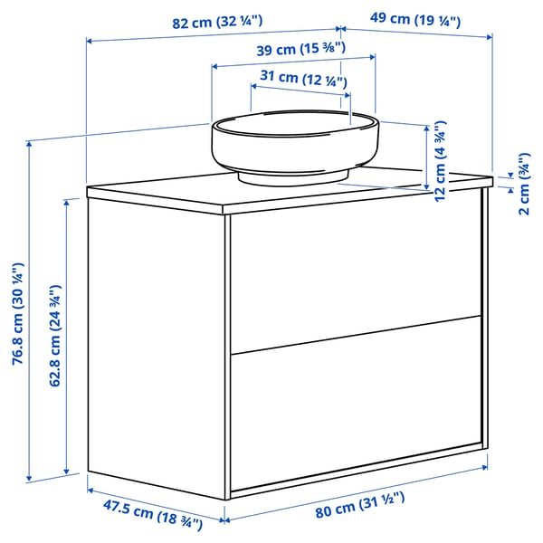 HAVBÄCK / VINDELÄLVEN Wash-stnd w drawers/wash-basin, white/white marble effect, 82x49x77 cm