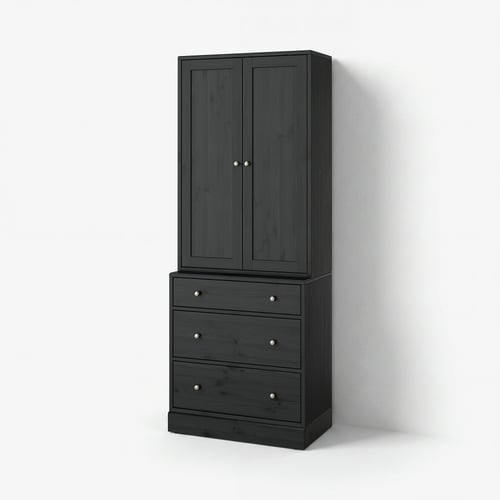 HAVSTA cabinet & chest: 2 doors, 3 drawers, pine & fibreboard. Scandinavian design, round metallic handles.