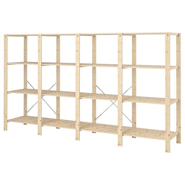 A HEJNE wooden storage unit, light-colored, rectangular with multiple shelves, made of solid pine, designed for heavy loads and customizable.