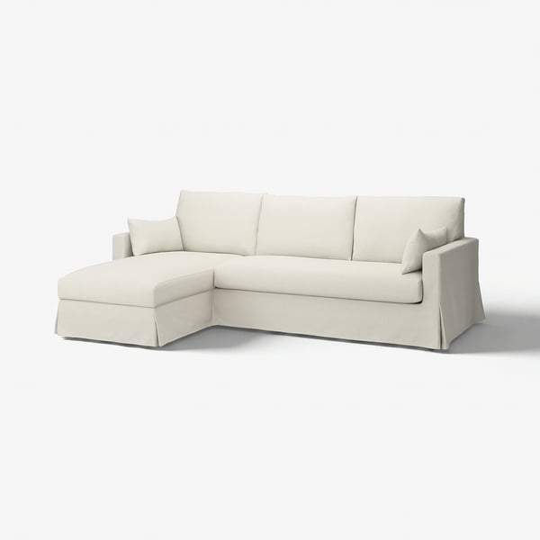 HYLTARP cream sofa, modern design with left chaise, soft fabric, inviting & comfy.
