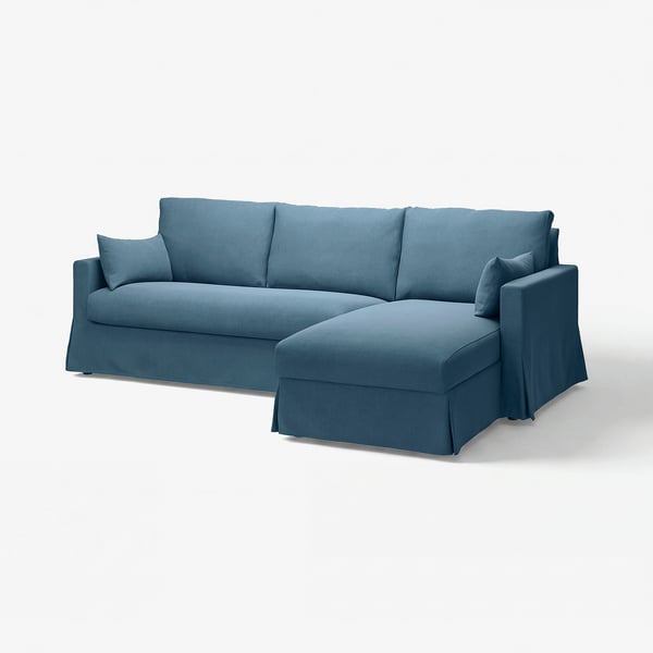 HYLTARP blue sectional sofa: l-shaped, soft chenille fabric, 3 seats, right-side chaise, clean modern design.