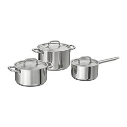 Three stainless steel pots with lids. One large, one medium, one small. Round shape, sleek design. Perfect for cooking.