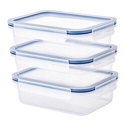 Three clear plastic food containers with blue lids stacked neatly. Rectangular shape, durable and stackable.