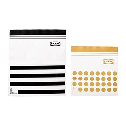 Two IKEA zip bags, one black, one gold, branded IKEA, rectangular, resealable, for food storage or organisation.