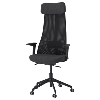 JÄRVFJÄLLET office chair: tall, black, mesh back, adjustable support, rolling base.