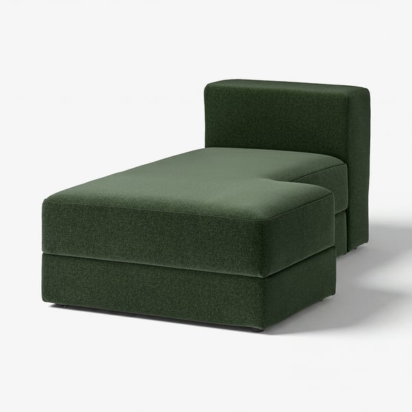 Green JÄTTEBO chaise. Modern, right angled, fabric-covered with storage.