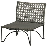 Black wicker chair with curved legs and intricate back design.