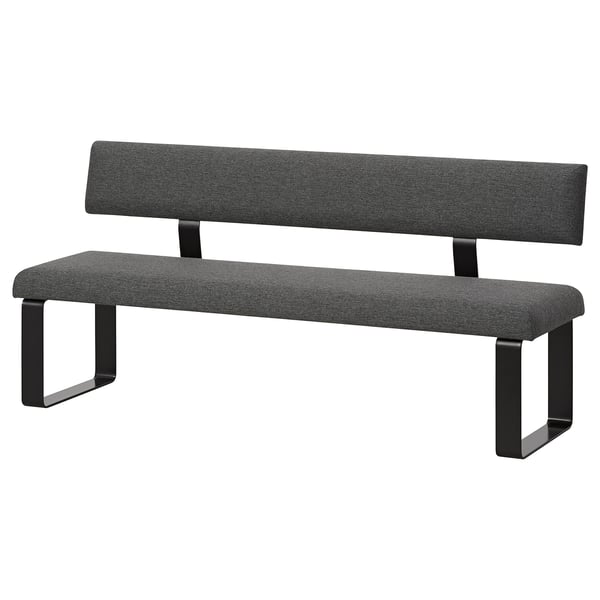 KARLANTON dark grey bench, padded seat and back, metal legs, sleek design.
