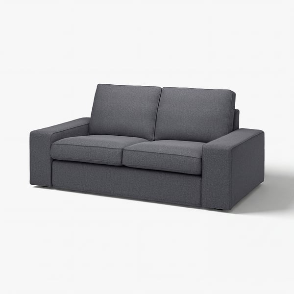 Modern grey fabric KIVIK sofa, sleek design with two seat cushions and low armrests.