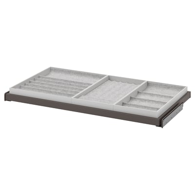 KOMPLEMENT tray: grey, rectangular, sliding compartments, felt-lined, for accessories and jewellery storage.
