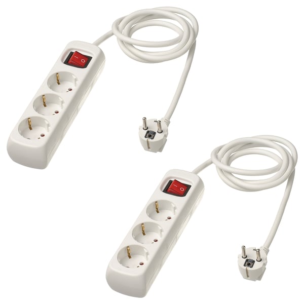 Two white KOPPLA power strips with 3 extra sockets each, red switches, coiled white cables, plastic material.