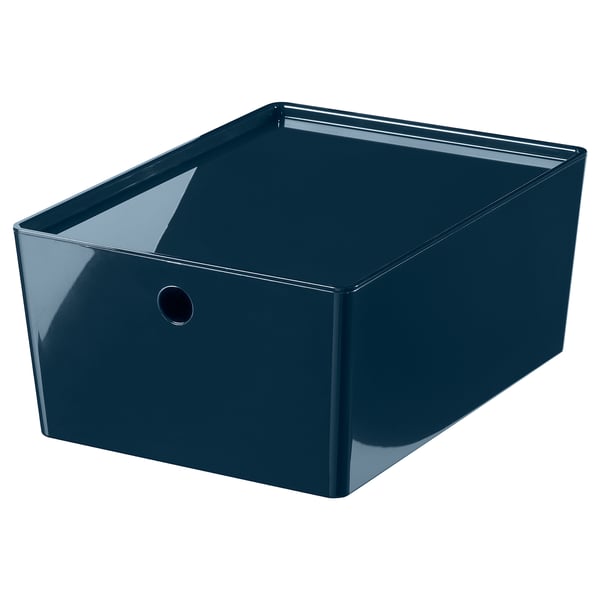 KUGGIS dark blue rectangular storage box with glossy finish, made of 50% recycled pet plastic, designed for organising and stacking.