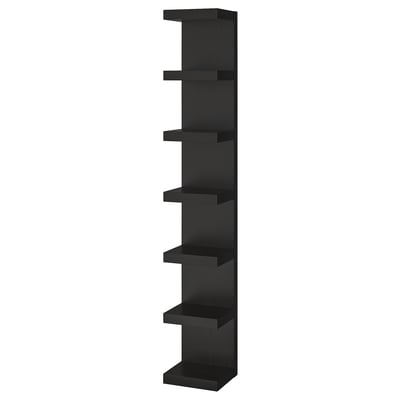 An ikea LACK wall shelf in bLACK. It has multiple horizontal shelves, perfect for efficient wall storage. Its modern design fits tight spaces.