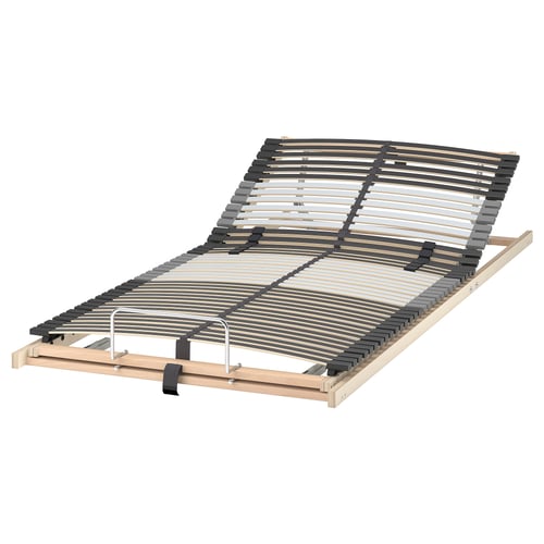 LEIRSUND bed base: adjustable firmness slats, curved support, birch frame, light wood colour.