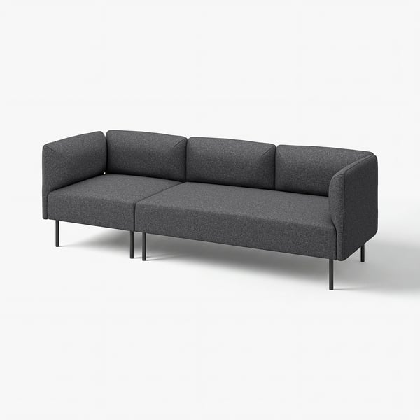 A modern dark grey LILLEHEM sofa with square cushions and metal legs.
