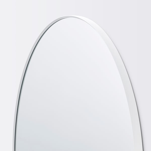 Elegant, round mirror with sleek, white frame. Smooth, reflective glass surface. Neat, minimalist design.