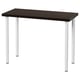 An adjustable height dark brown LINNMON desk with four white legs.