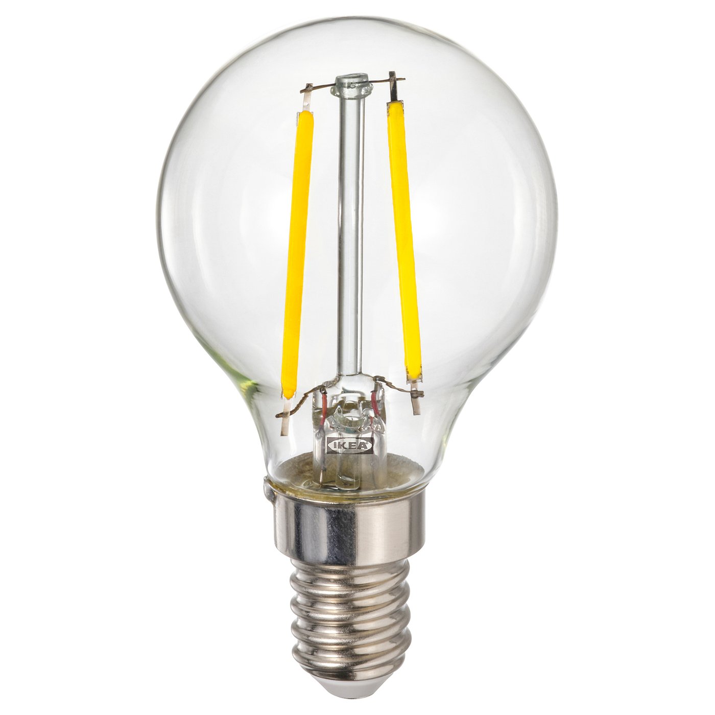 LUNNOM light bulb, clear glass, yellow filament, spherical shape, by IKEA.