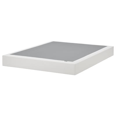 White LYNGÖR mattress base, square, with gray removable cover, flat slats, and spring core.
