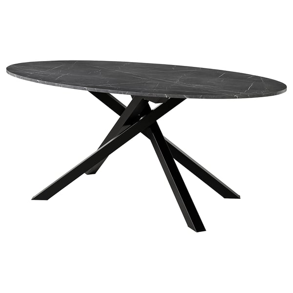 Is of a modern MARIEDAMM table, oval-shaped with a sleek black marble top. It crisscrossed metal legs, providing a sturdy and contemporary design.