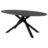 Is of a modern MARIEDAMM table, oval-shaped with a sleek black marble top. It crisscrossed metal legs, providing a sturdy and contemporary design.