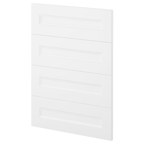White METOD kitchen cabinet with four rectangular handles.