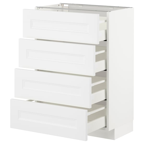 A white METOD kitchen cabinet with multiple drawers. The clean, minimalist design offers ample storage with smooth-running, self-closing drawers.