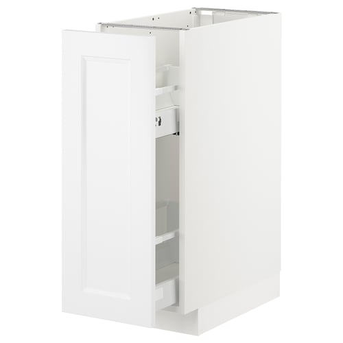 White METOD kitchen cabinet with glass door, sleek minimalist design.