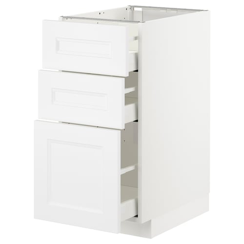 White METOD kitchen cabinet, three drawers, modern design, sturdy white construction.