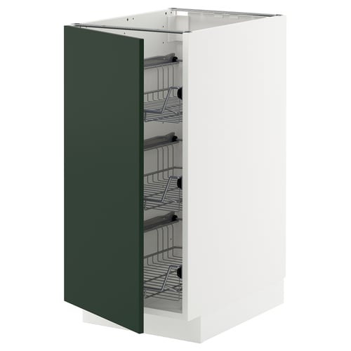 METOD kitchen cabinet in green with wire shelves.