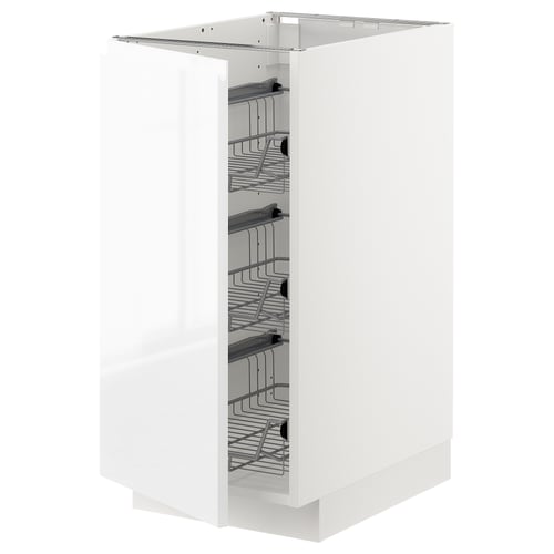 White high gloss kitchen cabinet with wire shelves.