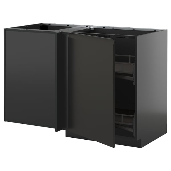 This image a modern black corner cabinet for a kitchen, part of the ikea METOD system. It includes a pull-out shelf for easy access.
