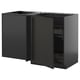 This image a modern black corner cabinet for a kitchen, part of the ikea METOD system. It includes a pull-out shelf for easy access.