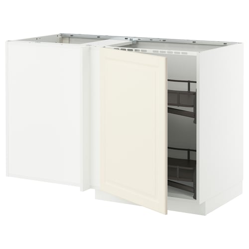 White off-white kitchen cabinet, open one door, beveled edges, robust frame, pull-out shelf.