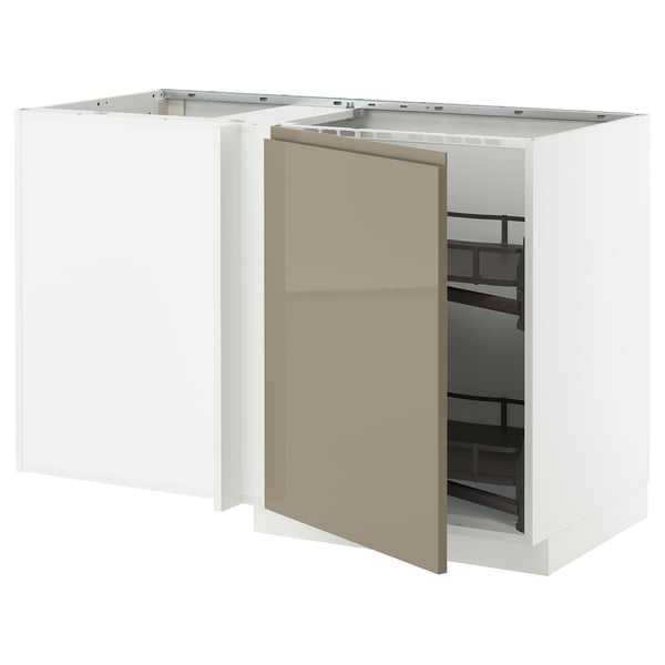 METOD kitchen unit with open door, white frame, beige door, and pull-out shelf.