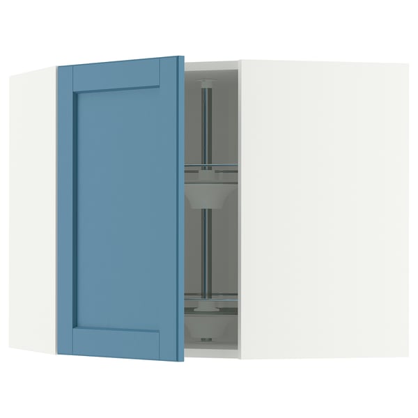 METOD Corner wall cabinet with carousel, white/Lerhyttan blue, 68x60 cm
