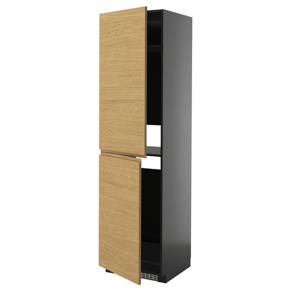 Tall, sleek black and wood kitchen cabinet with two open doors revealing shelves.