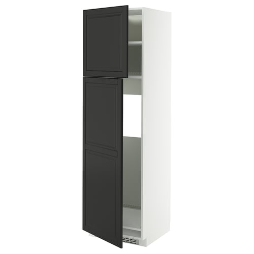 Modern black and white cabinet with two doors and shelves, sleek and tall.