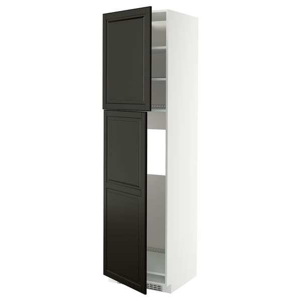 METOD cabinet with black bodbyn doors, sleek design, adjustable shelf, white frame.