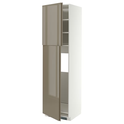 METOD High cabinet for fridge w 2 doors, white/VOXTORP high-gloss dark grey-brown vertical, 60x60x220 cm