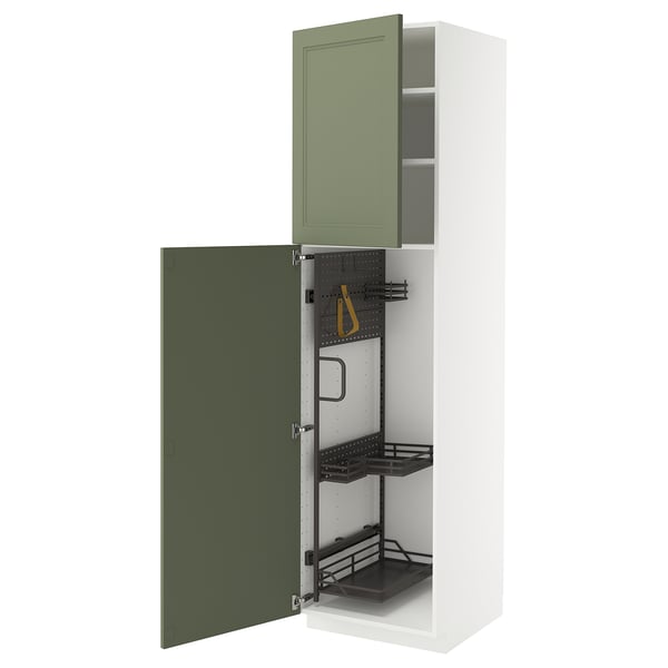 METOD kitchen cabinet in olive green with pull-out organisers, white frame, snap-on hinges, and 25-year guarantee.