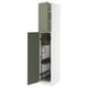An open green and white METOD kitchen cabinet with a modern design and snap-on hinges.