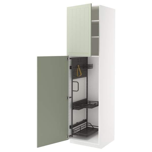METOD kitchen cabinets with stensund green doors. The white cabinet is open, revealing pull-out organisers and metal shelves.