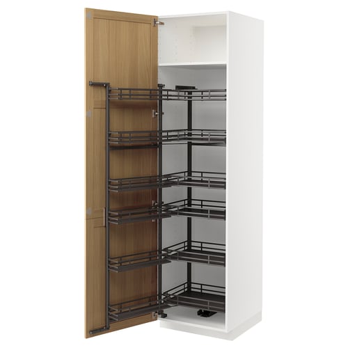 An open white METOD kitchen cabinet with oak wood pulls, featuring black pull-out shelves.