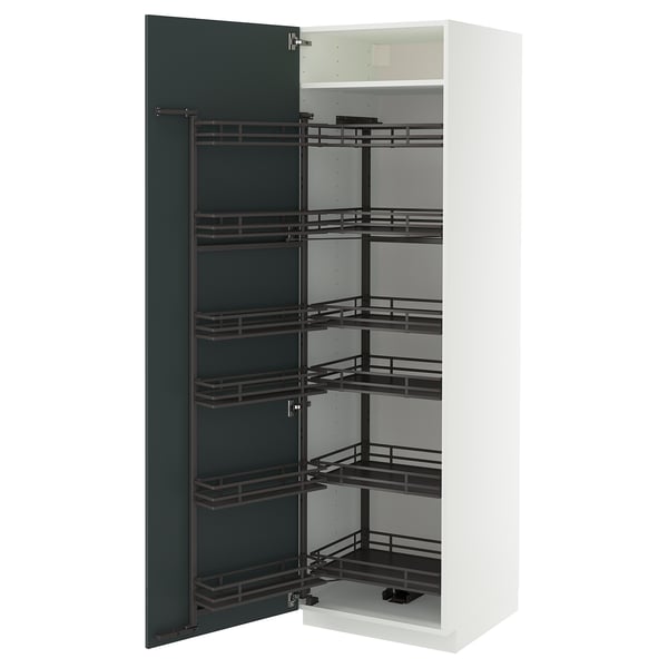 A white METOD kitchen cabinet with a high-gloss grey-green kallarp door, featuring pull-out shelves made of metal.