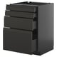 Black modern kitchen cabinet with multiple drawers, sleek design.