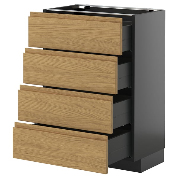 A METOD kitchen unit with black and wooden drawers in a minimalist style.